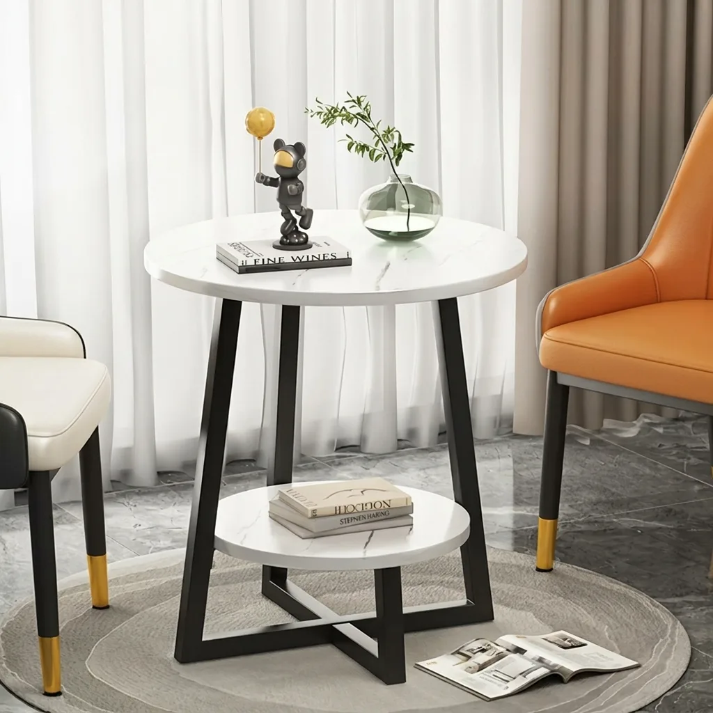 Masă de cafea rotundă, 2 blaturi din MDF, marimi diferite, pentru living, Alb/Negru, 60/40 x 55 cm [2]