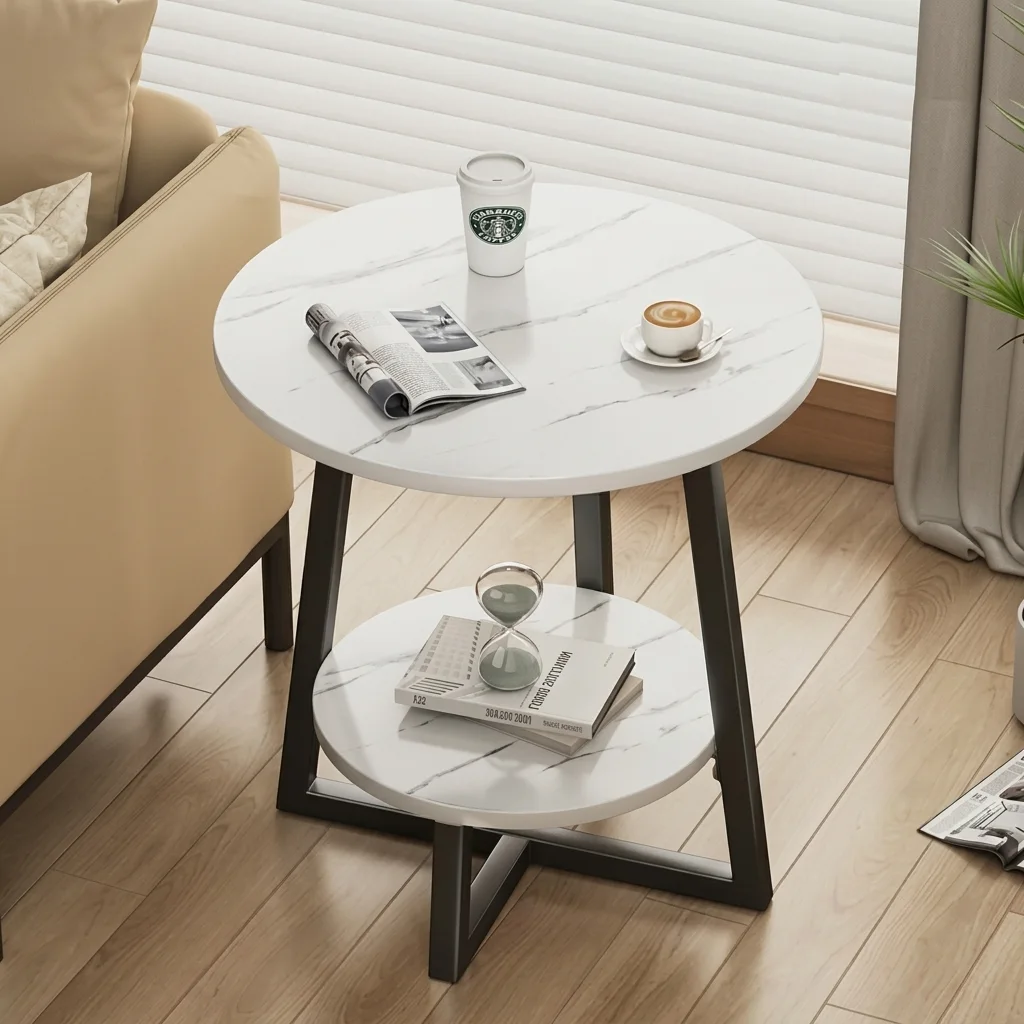 Masă de cafea rotundă, 2 blaturi din MDF, marimi diferite, pentru living, Alb/Negru, 60/40 x 55 cm [4]