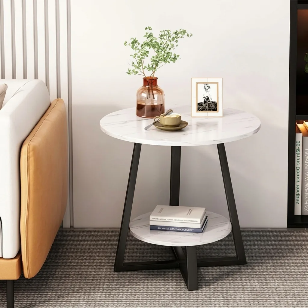 Masă de cafea rotundă, 2 blaturi din MDF, marimi diferite, pentru living, Alb/Negru, 60/40 x 55 cm [1]
