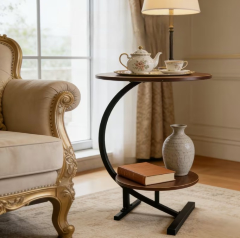 Masă de cafea rotundă, 2 blaturi din MDF, marimi diferite, pentru living, Maro/Negru, 40/30 x 60 cm [2]