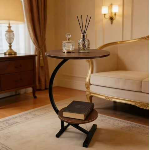 Masă de cafea rotundă, 2 blaturi din MDF, marimi diferite, pentru living, Maro/Negru, 40/30 x 60 cm [4]