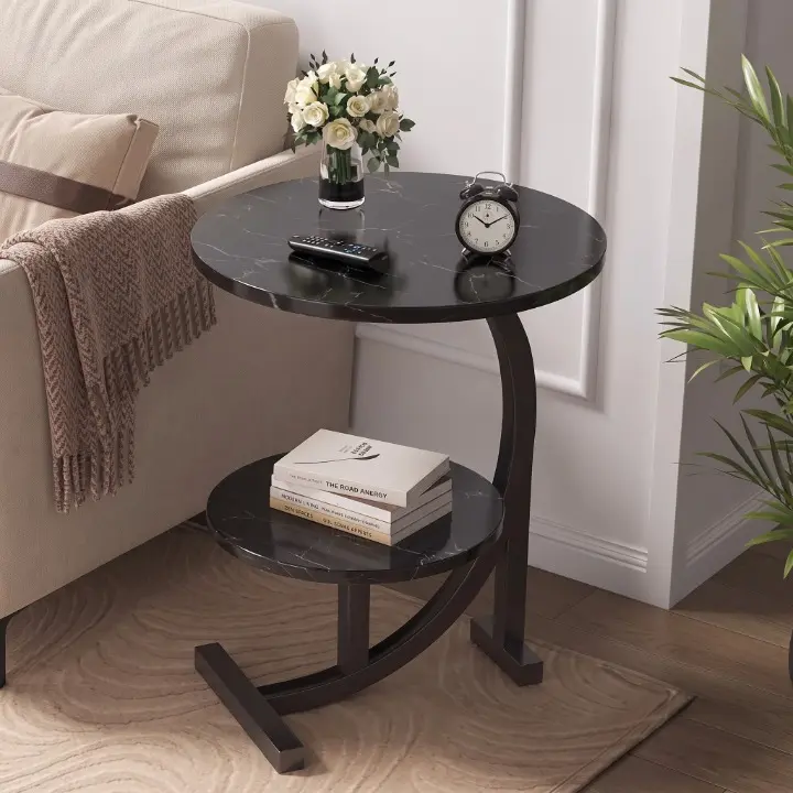 Masă de cafea rotundă, 2 blaturi din MDF, marimi diferite, pentru living, Negru, 40/30 x 60 cm [4]