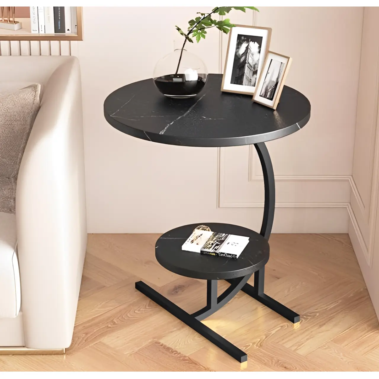 Mobila - Masă de cafea rotundă, 2 blaturi din MDF, marimi diferite, pentru living, Negru, 40/30 x 60 cm