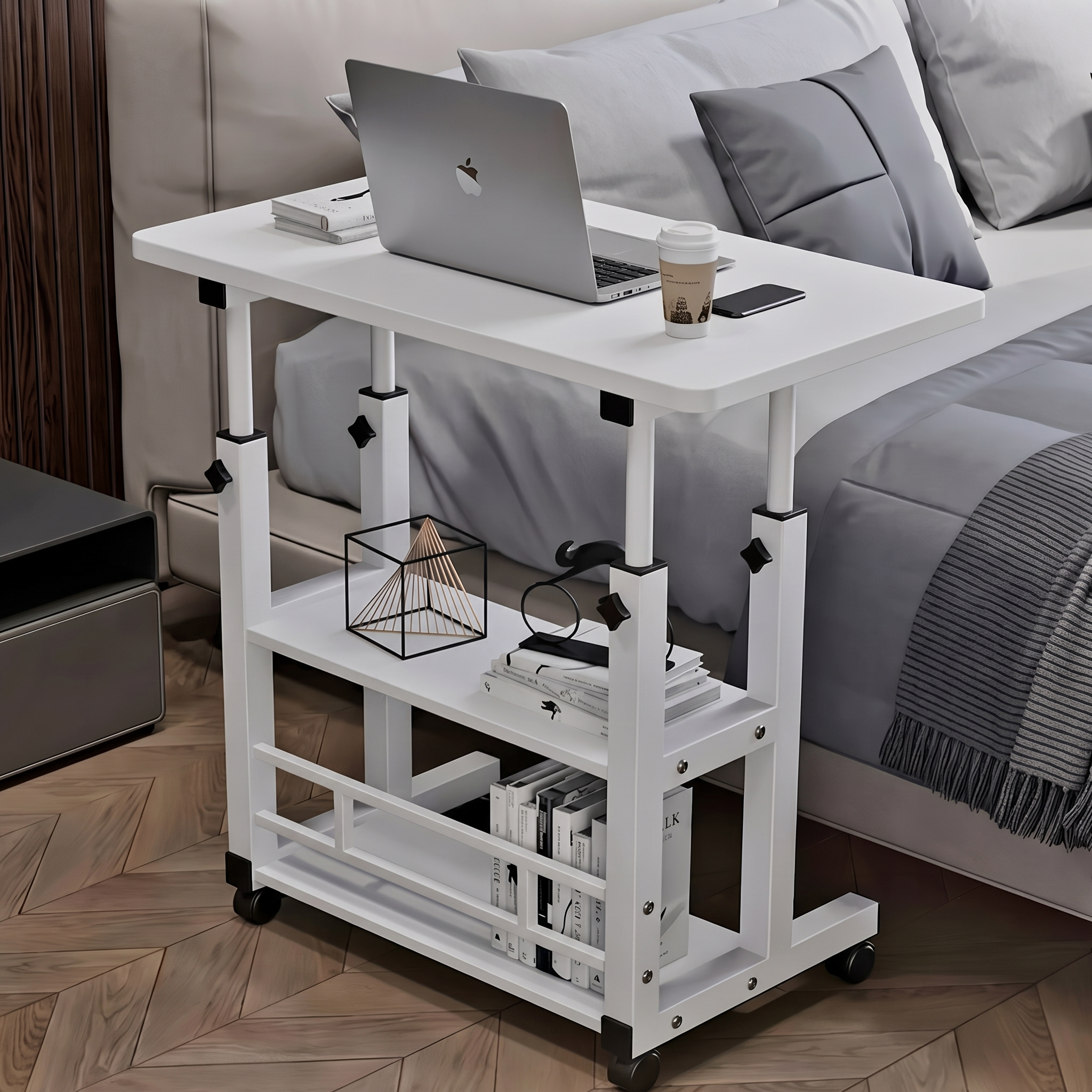 Masa pentru laptop, de lucru, cu 2 polite, inaltime reglabila, roti, Alb, 60 x 37 x 60-90 cm [5]