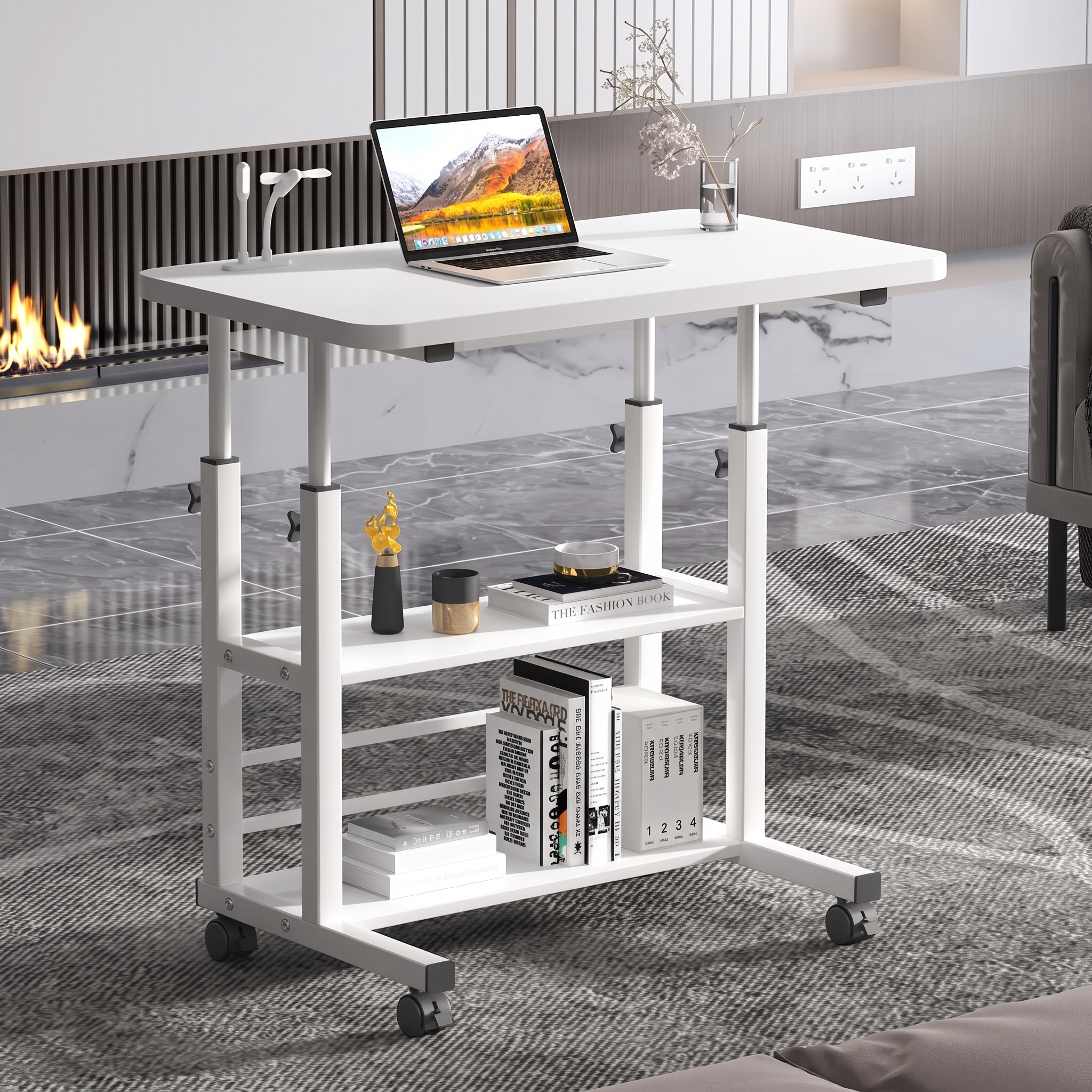 Mese - Masa pentru laptop, de lucru, cu 2 polite, inaltime reglabila, roti, Alb, 60 x 37 x 60-90 cm
