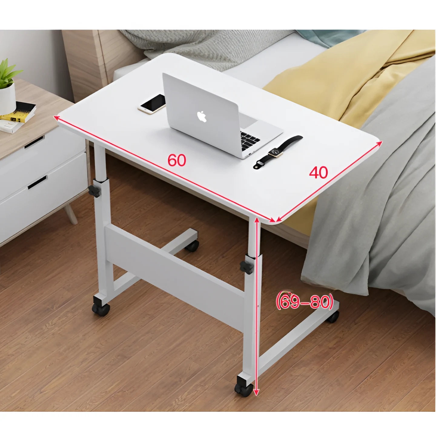 Masa pentru laptop, de lucru, cu inaltime reglabila, roti, Alb, 60 x 40 x 69-80 cm [2]