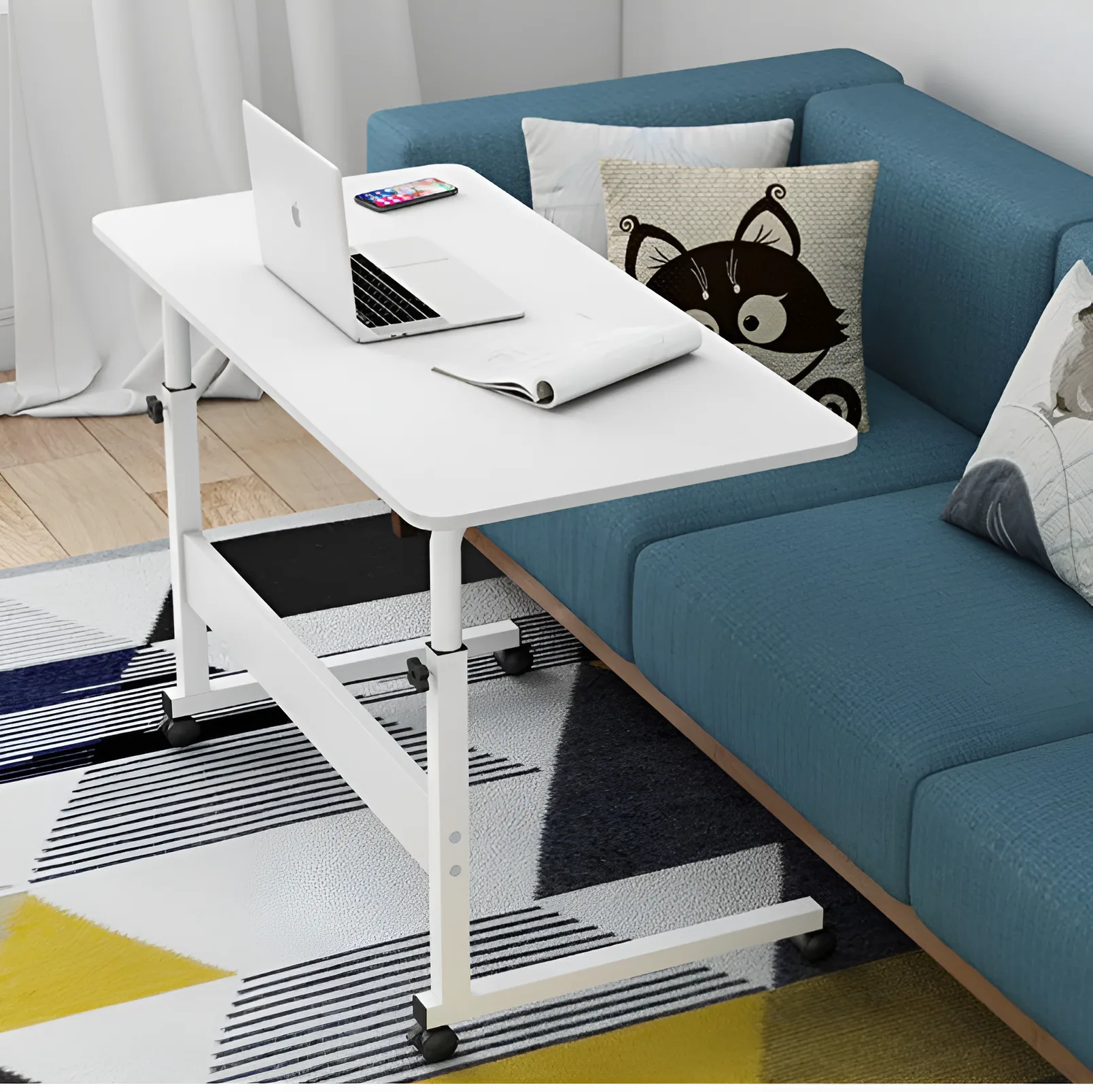 Masa pentru laptop, de lucru, cu inaltime reglabila, roti, Alb, 60 x 40 x 69-80 cm [1]