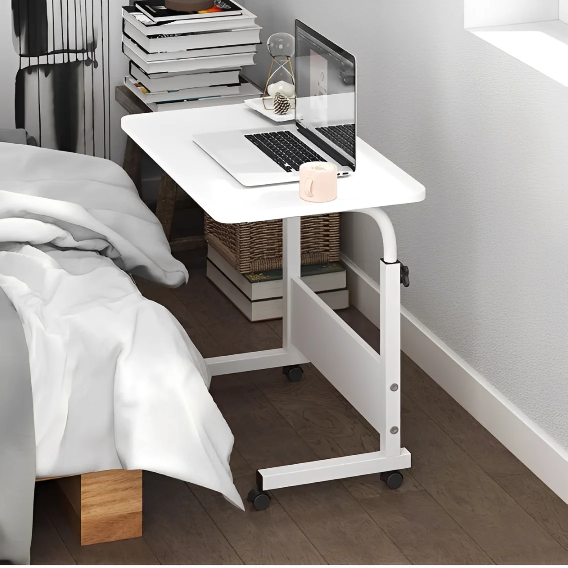 Masa pentru laptop, de lucru, cu inaltime reglabila, roti, Alb, 60 x 40 x 69-80 cm [3]