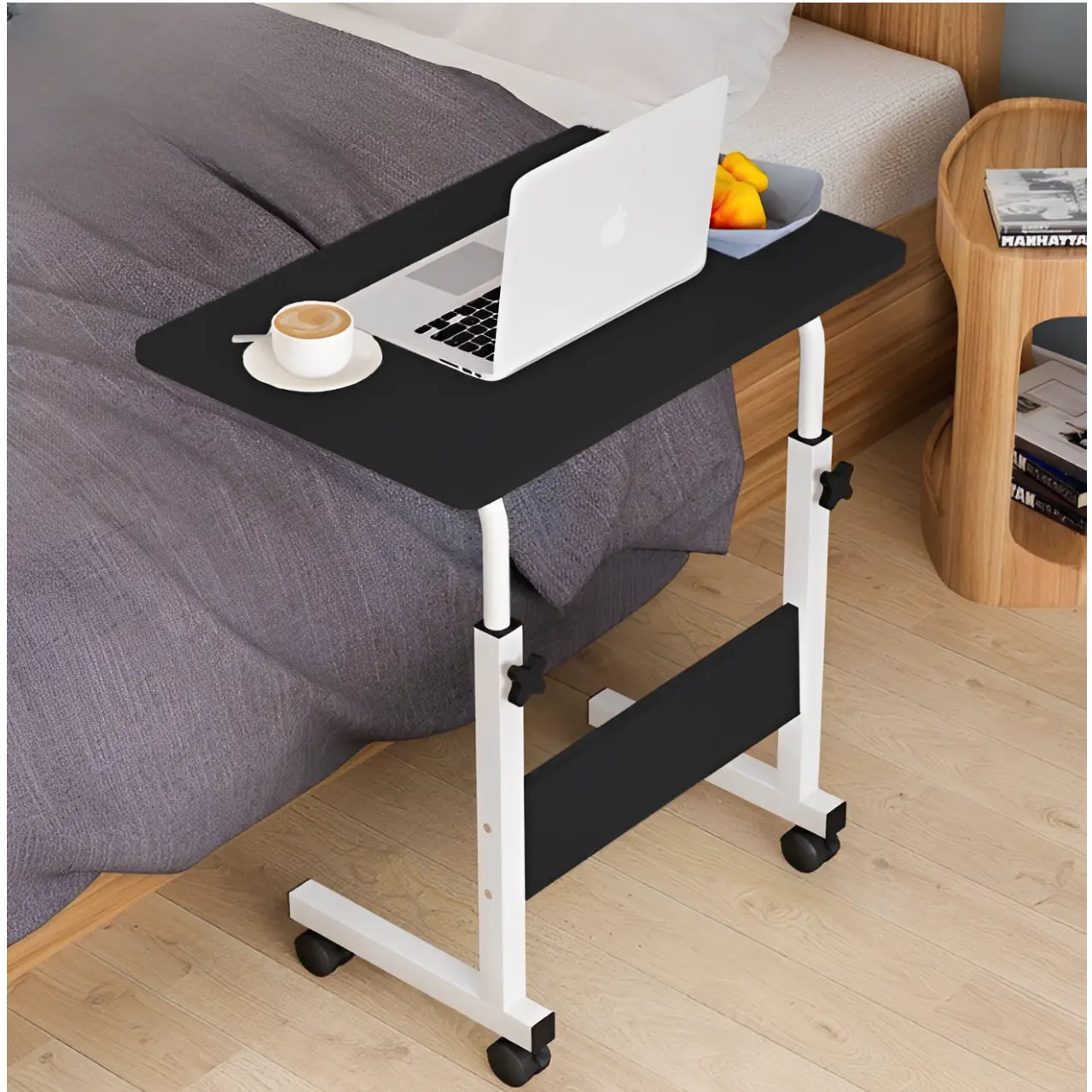 Masa pentru laptop, de lucru, cu inaltime reglabila, roti, Alb/Negru, 60 x 40 x 70-80 cm [1]