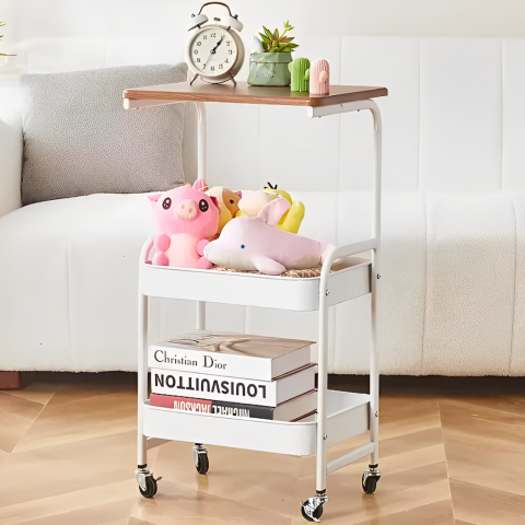Mobila - Masuta mobila cu 3 niveluri, 2 rafturi pentru depozitare, blat din MDF, Alb/Maro, 43 x 30 x 77 cm