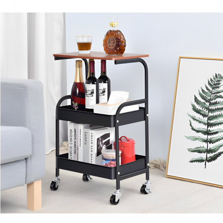 Mobila - Masuta mobila cu 3 niveluri, 2 rafturi pentru depozitare, blat din MDF, Negru/Maro, 43 x 30 x 77 cm