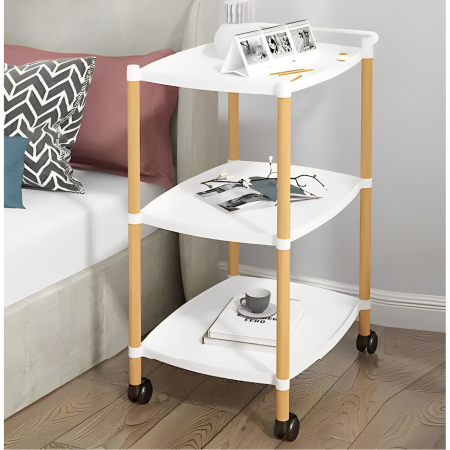 Mobila - Masuta mobila cu maner, 3 blaturi din plastic, roti, Alb/Maro, 45 x 32 x 71 cm