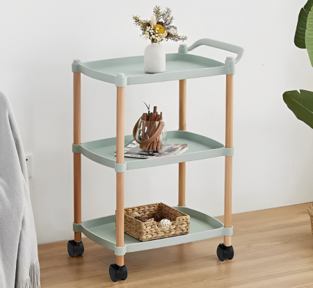 Masuta mobila cu maner, 3 blaturi din plastic, roti, Verde/Maro, 45 x 32 x 71 cm [0]