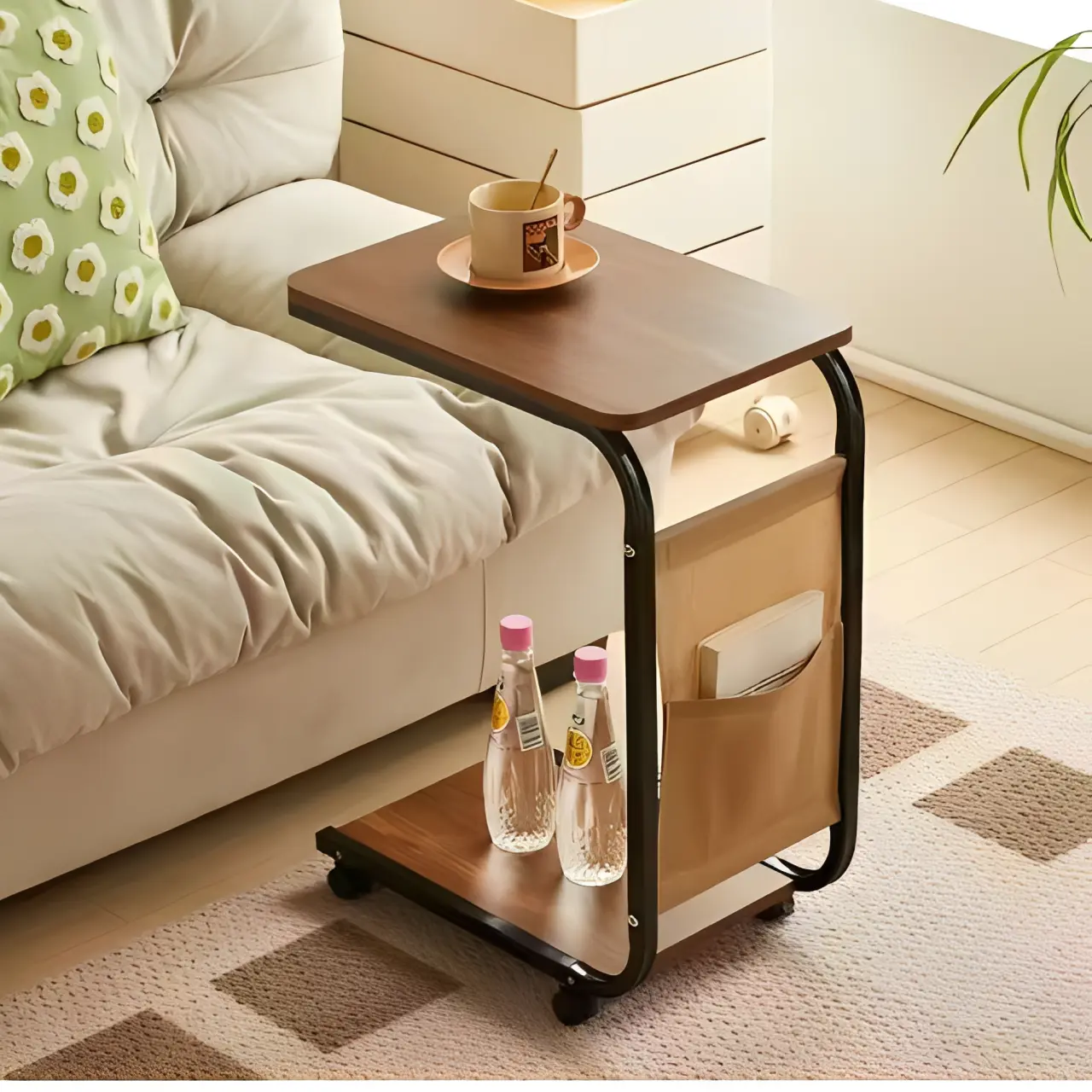 Masuta pentru cafea mobila, 2 blaturi MDF, buzunar de depozitare, Maro/Negru, 40 x 30 x 62 cm [4]