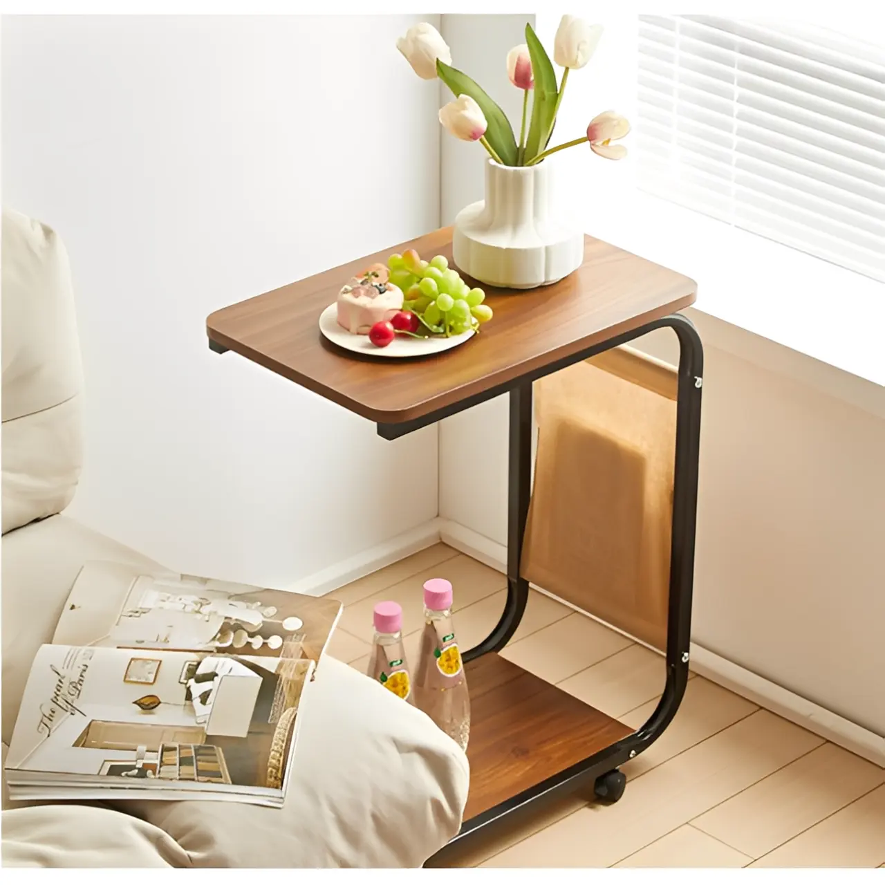 Masuta pentru cafea mobila, 2 blaturi MDF, buzunar de depozitare, Maro/Negru, 40 x 30 x 62 cm [5]