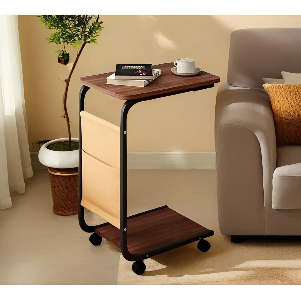 Mobila - Masuta pentru cafea mobila, 2 blaturi MDF, buzunar de depozitare, Maro/Negru, 40 x 30 x 62 cm