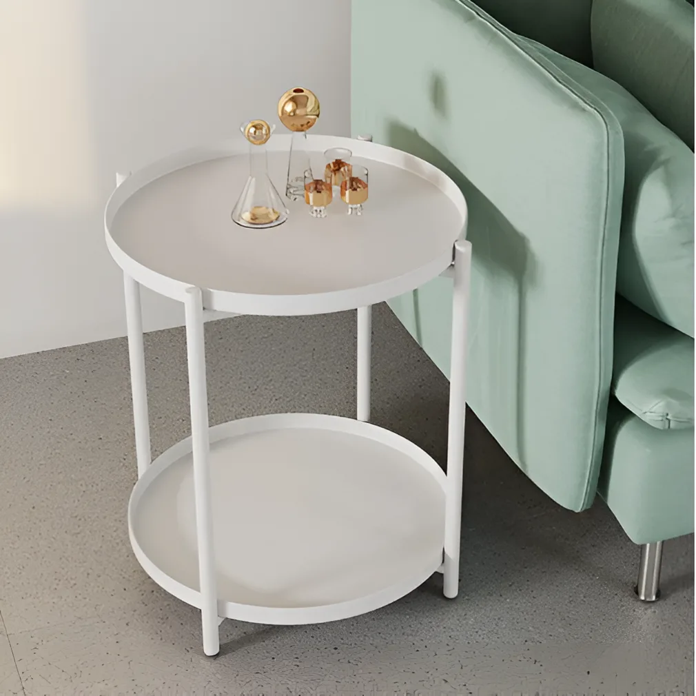 Mobila - Masuta pentru cafea rotunda, metalica, cu 2 blaturi, Alb, 42 x 52 cm