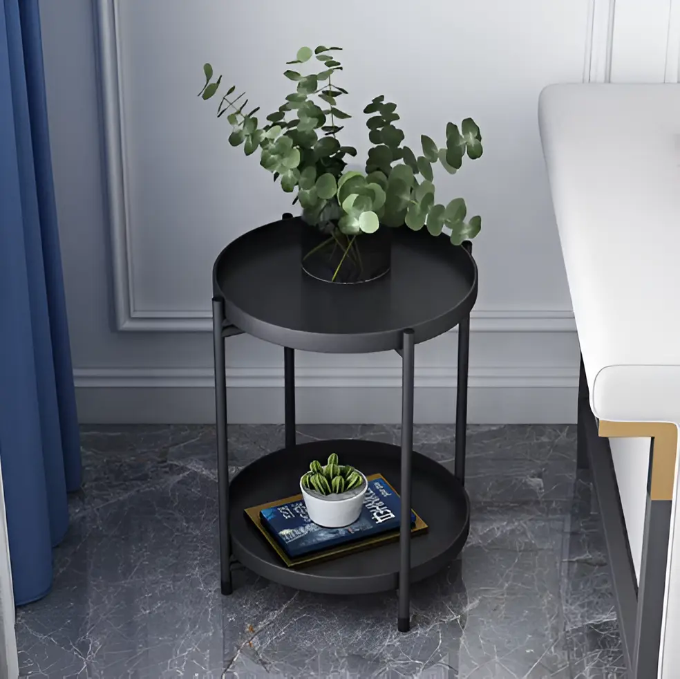 Mese - Masuta pentru cafea rotunda, metalica, cu 2 blaturi, Negru, 42 x 52 cm