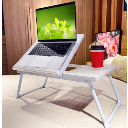 Masuta pentru laptop din MDF, cu suport pentru pahar, inclinare reglabila, Alb, 60 x 32 x 25 cm [5]
