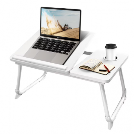 Masuta pentru laptop din MDF, cu suport pentru pahar, inclinare reglabila, Alb, 60 x 32 x 25 cm [1]