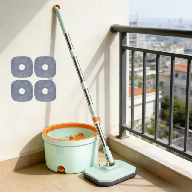 Curățenie - Mop patrat plat si galeata rotativa rotunda, separare apa, 4 lavete din microfibra, Verde/Portocaliu