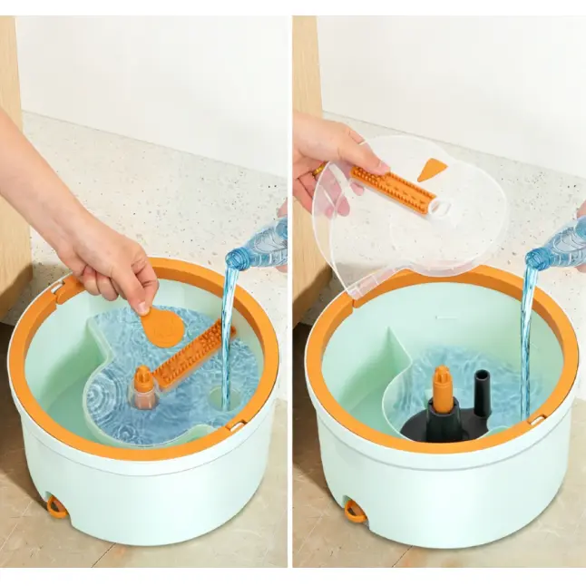 Mop patrat plat si galeata rotativa rotunda, separare apa, 4 lavete din microfibra, Verde/Portocaliu [3]