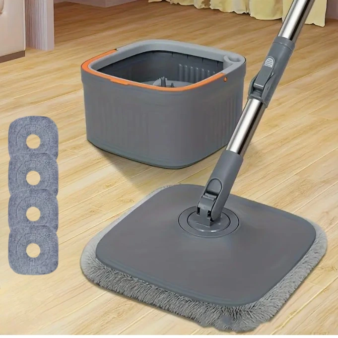 Curățenie - Mop plat si galeata rotativa, separare apa, 4 lavete din microfibra, Gri