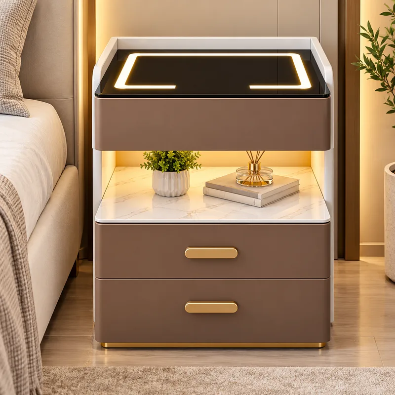 Noptieră Smart, Modernă, pentru Dormitor, Iluminare Ambientală LED, Blat Negru, Din sticla, Incarcare Wireless,3 Sertare Pentru Depozitare, Din MDF, Manere Aurii, Maro/Alb, 50 x 40 x 55 cm [1]