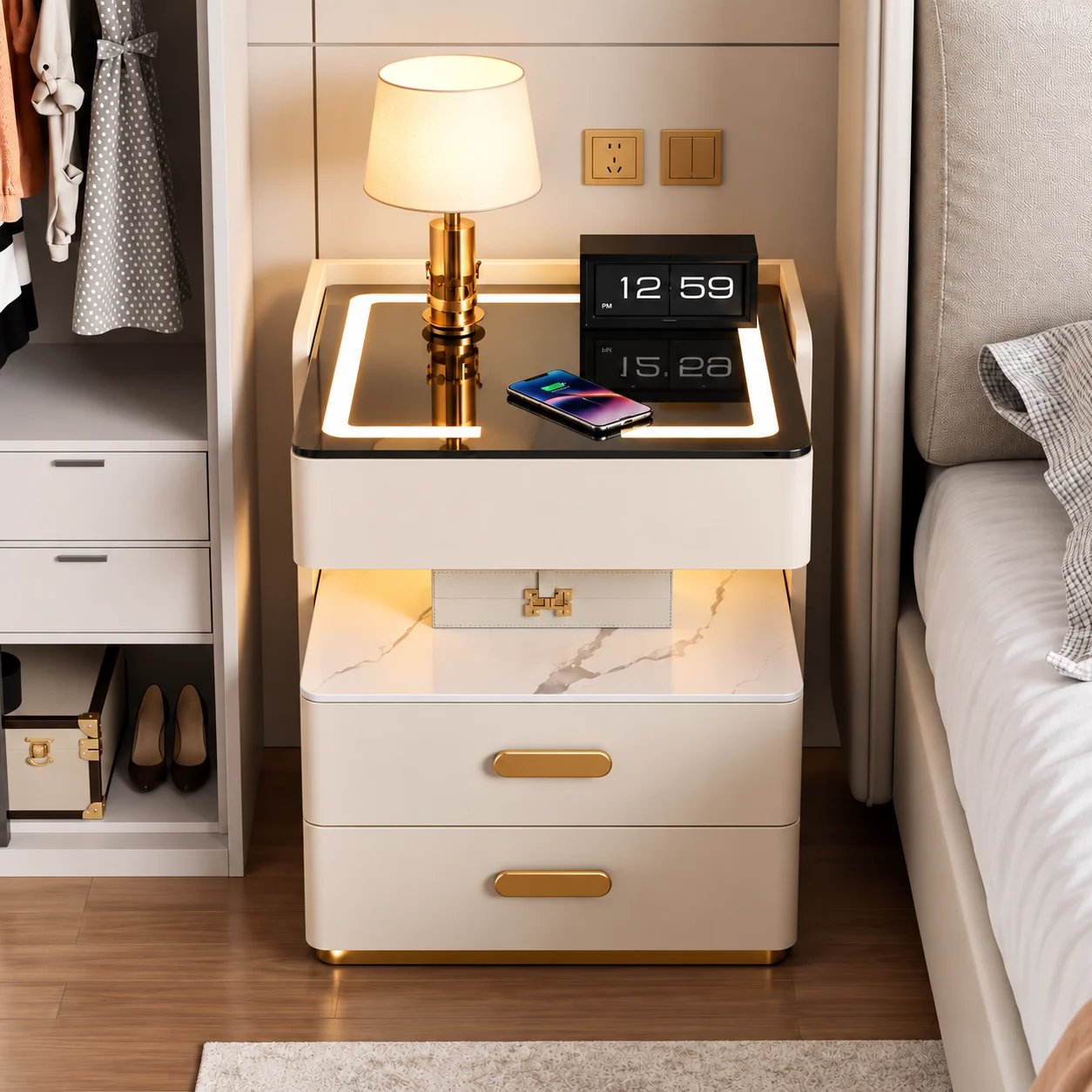 Noptieră Smart, Modernă, pentru Dormitor, Iluminare Ambientală LED, Blat Negru, Din sticla, Incarcare Wireless,3 Sertare Pentru Depozitare, Din MDF, Manere Aurii, Alb, 50 x 40 x 55 cm [5]