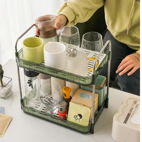 Organizator cu 2 niveluri, din plastic, practic, util, Verde, 33 x 22 x 36 cm [4]