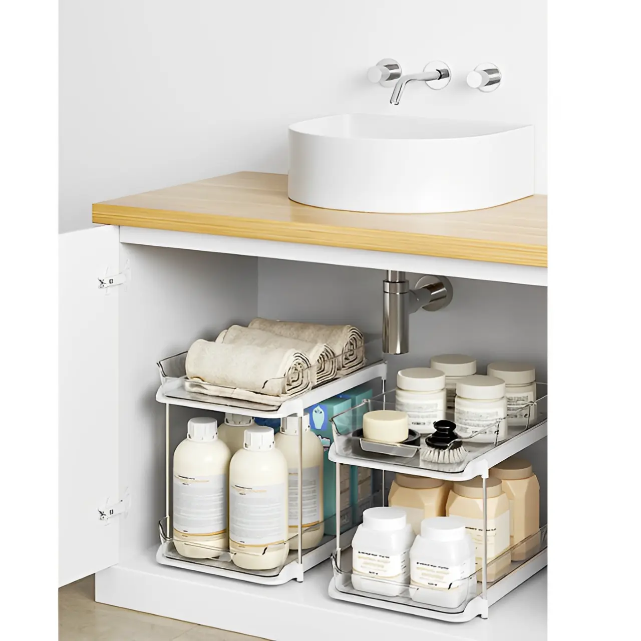 Organizator cu 2 tavite din plastic, glisante, Alb/Transparent, 20 x 29 x 23 cm [4]