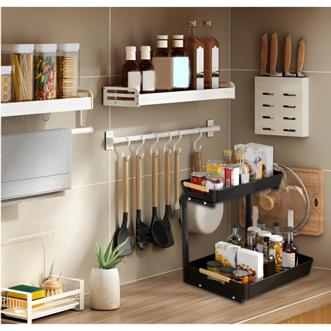 Organizator cu 2 tavite glisante, din plastic, Negru, 39.5 x 30 x 41.5 cm [4]