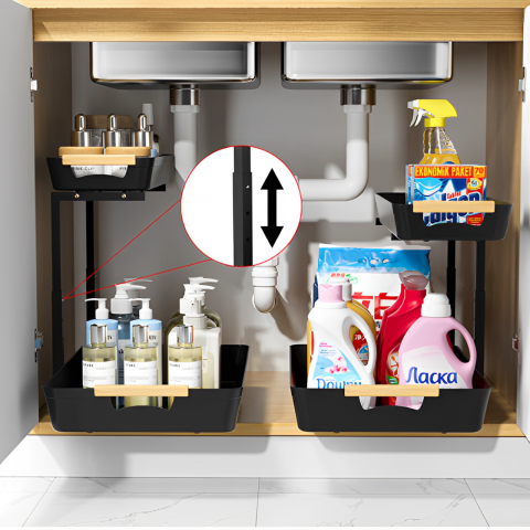 Organizator cu 2 tavite glisante, din plastic, Negru, 39.5 x 30 x 41.5 cm [2]