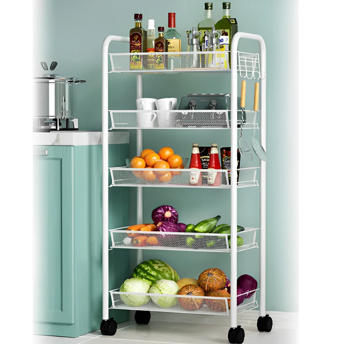 Organizator versatil cu 5 rafturi din plasă metalică și roți, structură metalică, Alb, 44 x 26 x 105 cm [5]