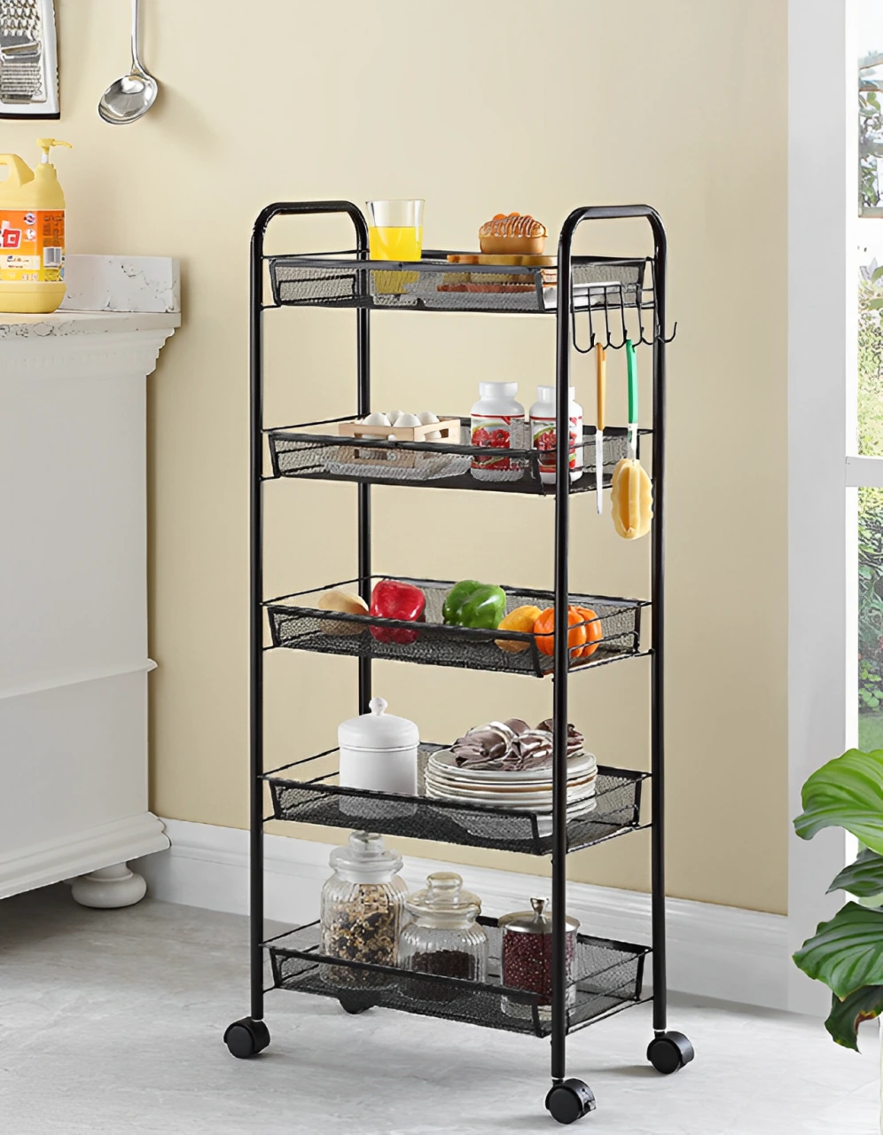 Organizare - Organizator versatil cu 5 rafturi din plasă metalică și roți, structură metalică, Negru, 44 x 26 x 105 cm