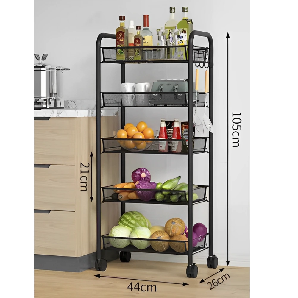 Organizator versatil cu 5 rafturi din plasă metalică și roți, structură metalică, Negru, 44 x 26 x 105 cm [1]