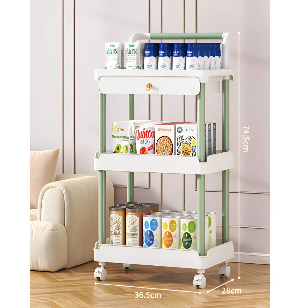 Raft cu 3 polițe și sertar, cu roți, din plastic, Alb/Verde, 36.5 x 28 x 74.5 cm [1]
