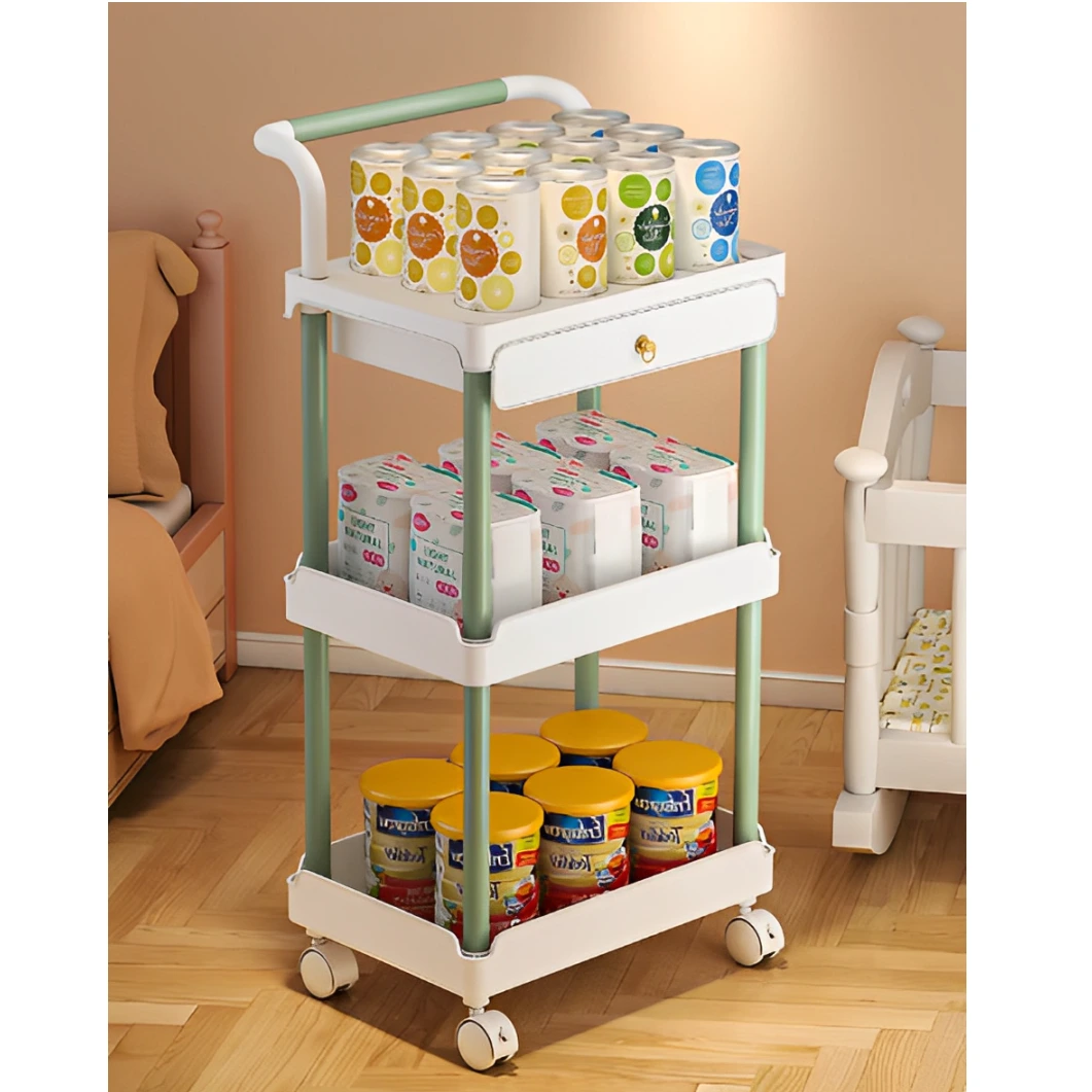 Raft cu 3 polițe și sertar, cu roți, din plastic, Alb/Verde, 36.5 x 28 x 74.5 cm [2]