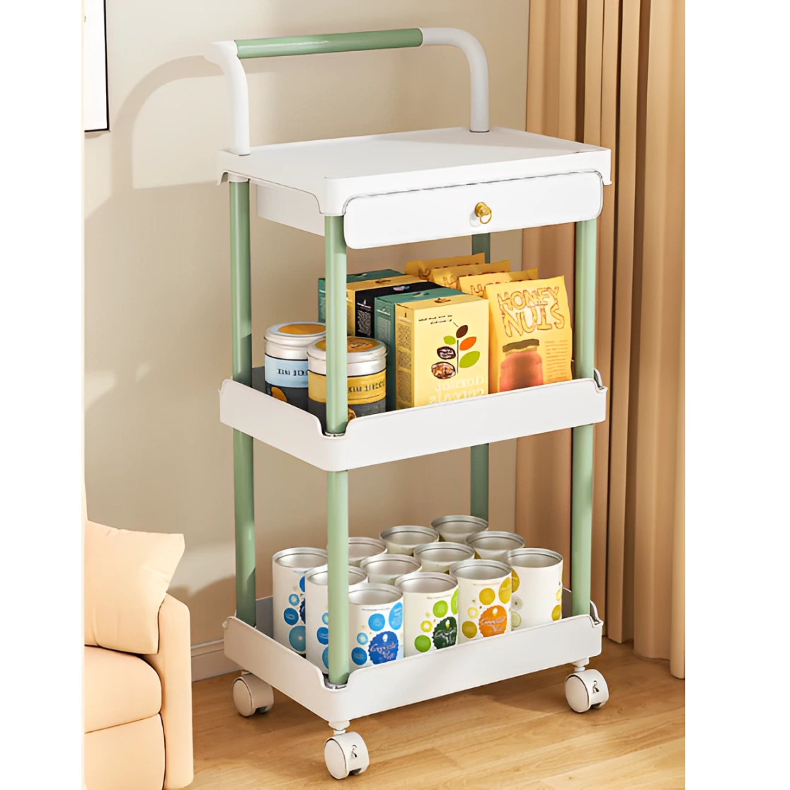 Organizare - Raft cu 3 polițe și sertar, cu roți, din plastic, Alb/Verde, 36.5 x 28 x 74.5 cm