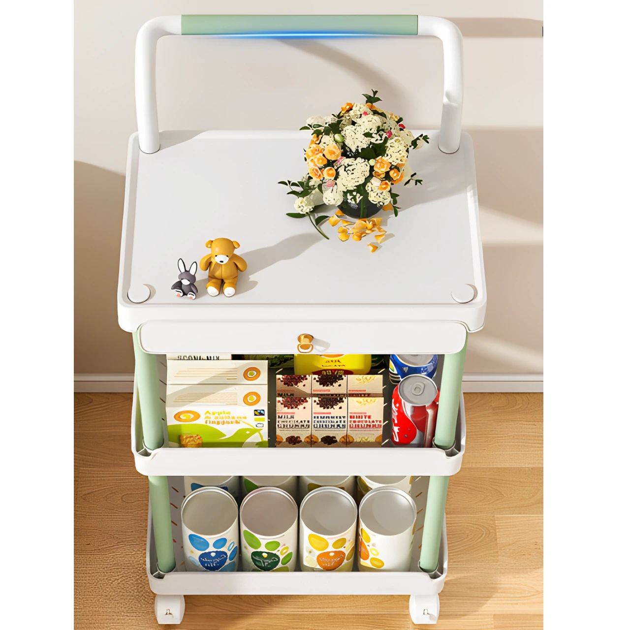 Raft cu 3 polițe și sertar, cu roți, din plastic, Alb/Verde, 36.5 x 28 x 74.5 cm [4]