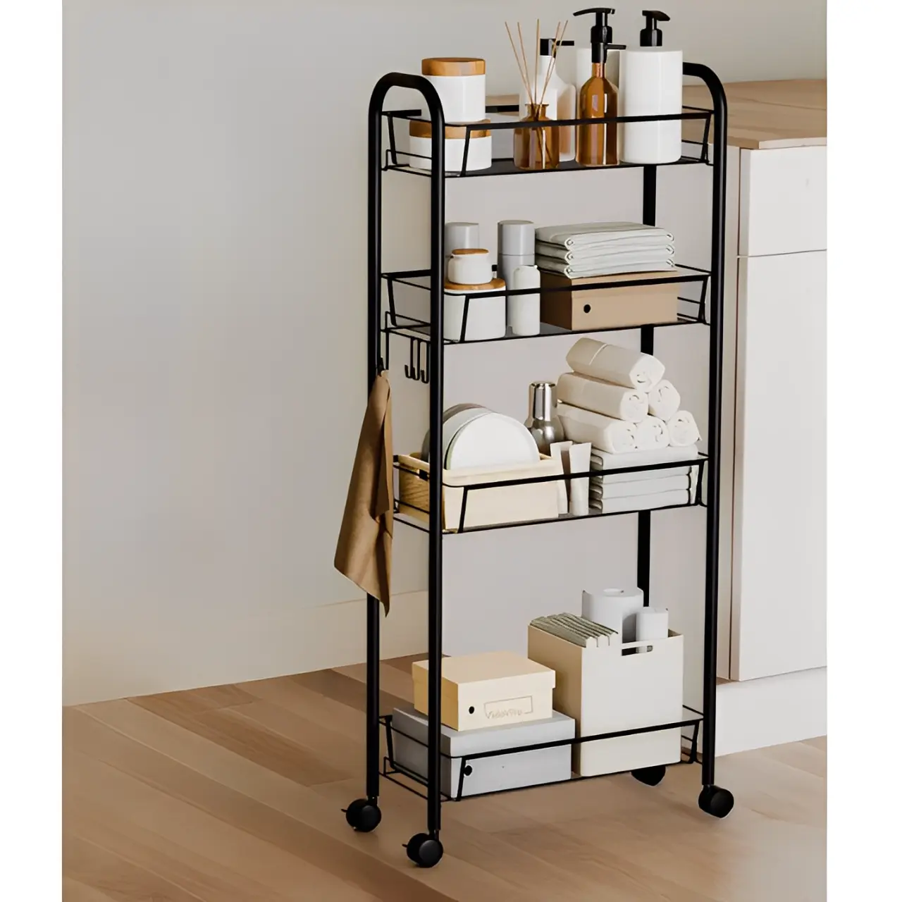 Organizare - Raft cu 4 cosuri din plasa metalica, roti, structura metalica, organizare, depozitare, Negru, 44 x 20 x 98 cm