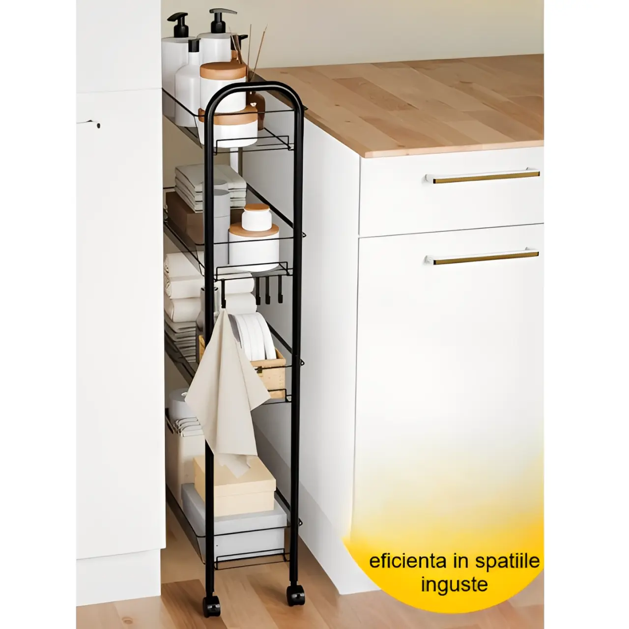 Raft cu 4 cosuri din plasa metalica, roti, structura metalica, organizare, depozitare, Negru, 44 x 20 x 98 cm [2]
