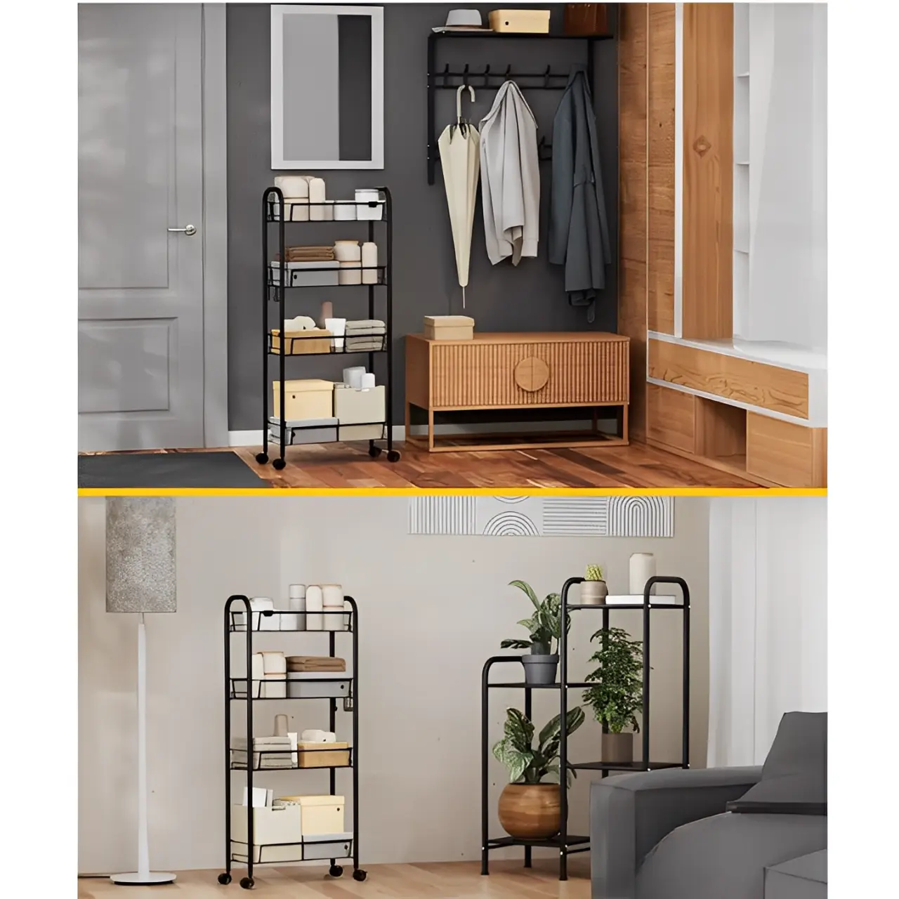 Raft cu 4 cosuri din plasa metalica, roti, structura metalica, organizare, depozitare, Negru, 44 x 20 x 98 cm [5]