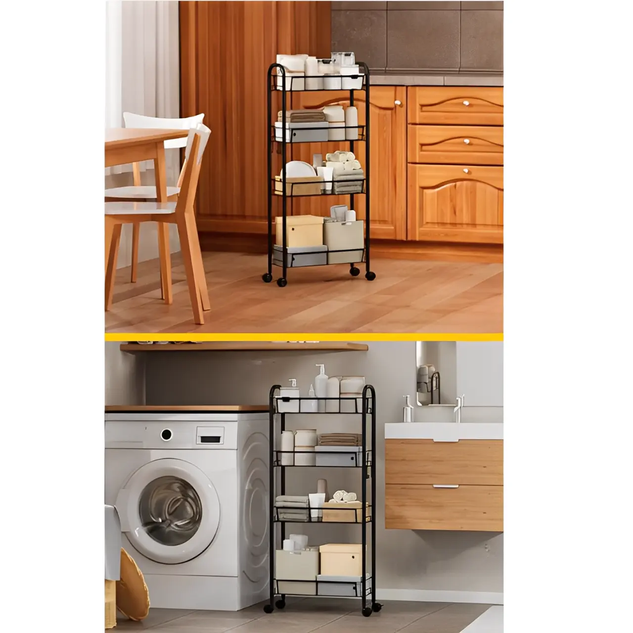 Raft cu 4 cosuri din plasa metalica, roti, structura metalica, organizare, depozitare, Negru, 44 x 20 x 98 cm [4]
