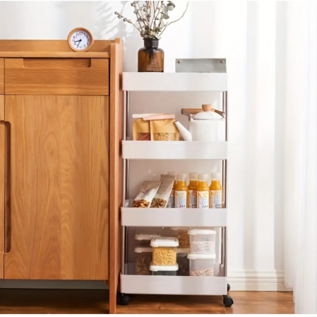 Raft de organizare pentru baie cu 4 etaje si roti, Alb, 39 x 12 x 80 cm