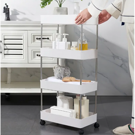 Raft de organizare pentru baie cu 4 etaje si roti, Alb, 39 x 12 x 80 cm [5]