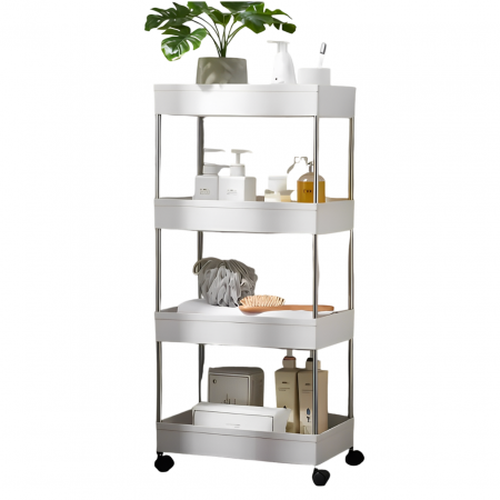 Baie - Raft de organizare pentru baie cu 4 etaje si roti, Alb, 40 x 13 x 87 cm