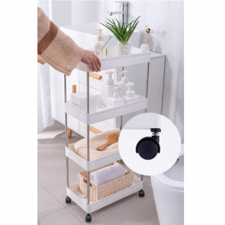 Raft de organizare pentru baie cu 4 etaje si roti, Alb, 40 x 22 x 87 cm [3]