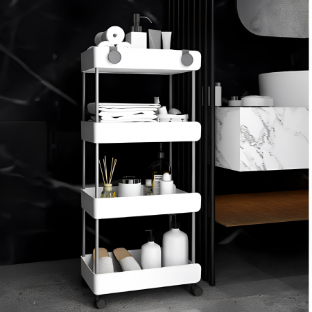Raft de organizare pentru baie cu 4 etaje si roti, din plastic, Alb, 40.5 x 13 x 91 cm [4]