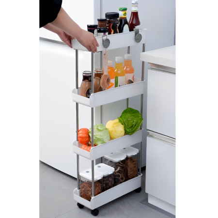 Raft de organizare pentru baie cu 4 etaje si roti, din plastic, Alb, 40.5 x 13 x 91 cm [3]